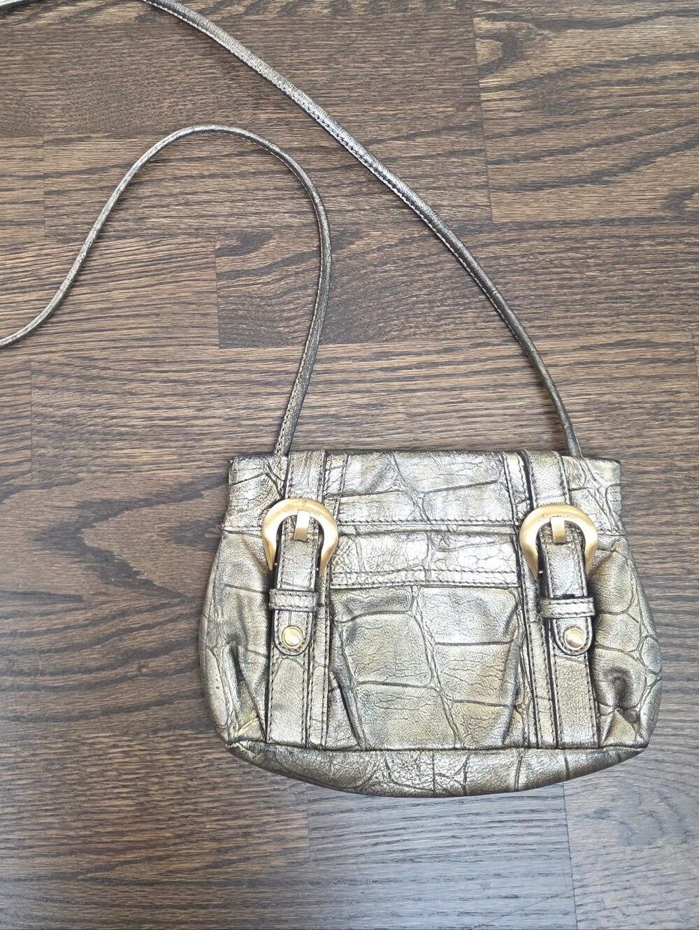 B. Makowsky Metallic Croc Embossed Leather Shoulder Purse Bronze Gold Pewter